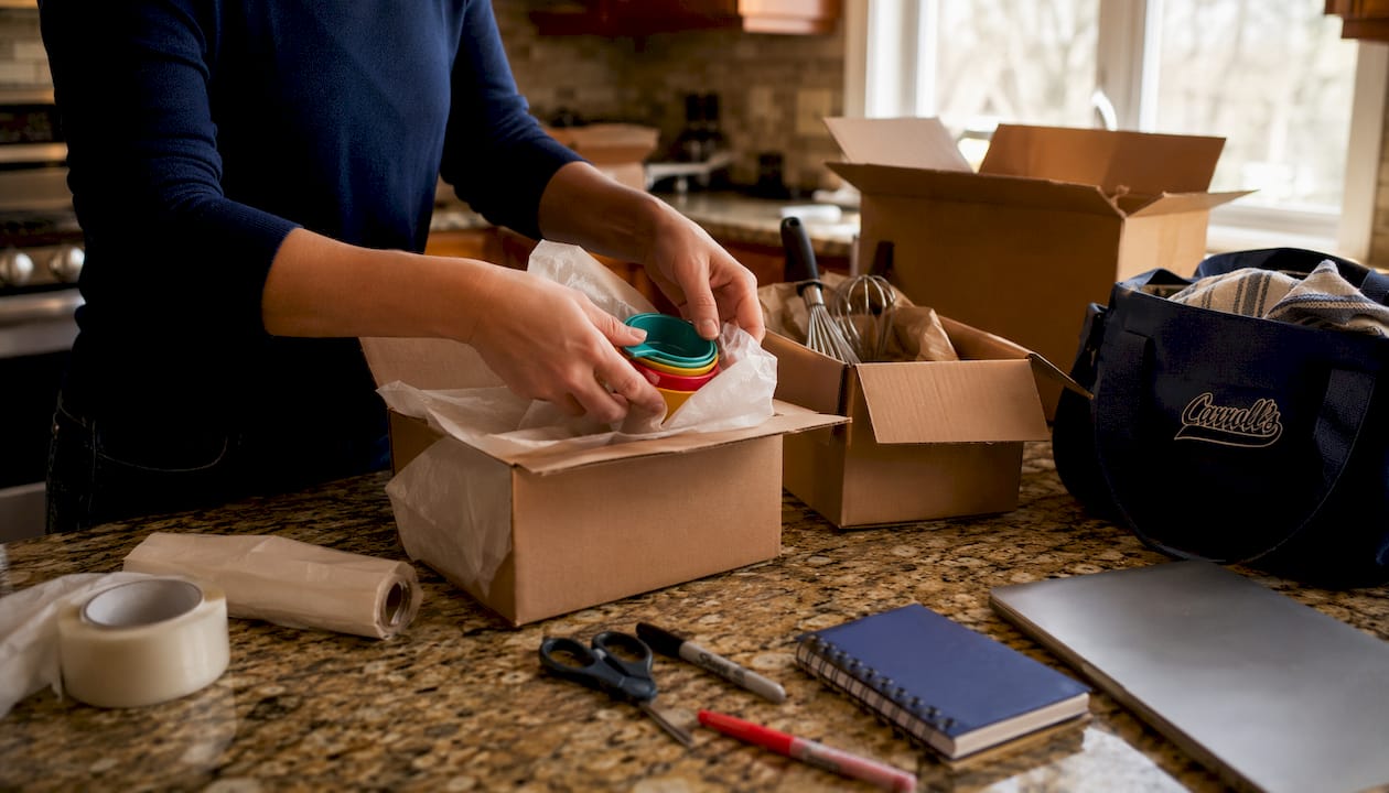 Hands packing kitchenware into boxes DIY style