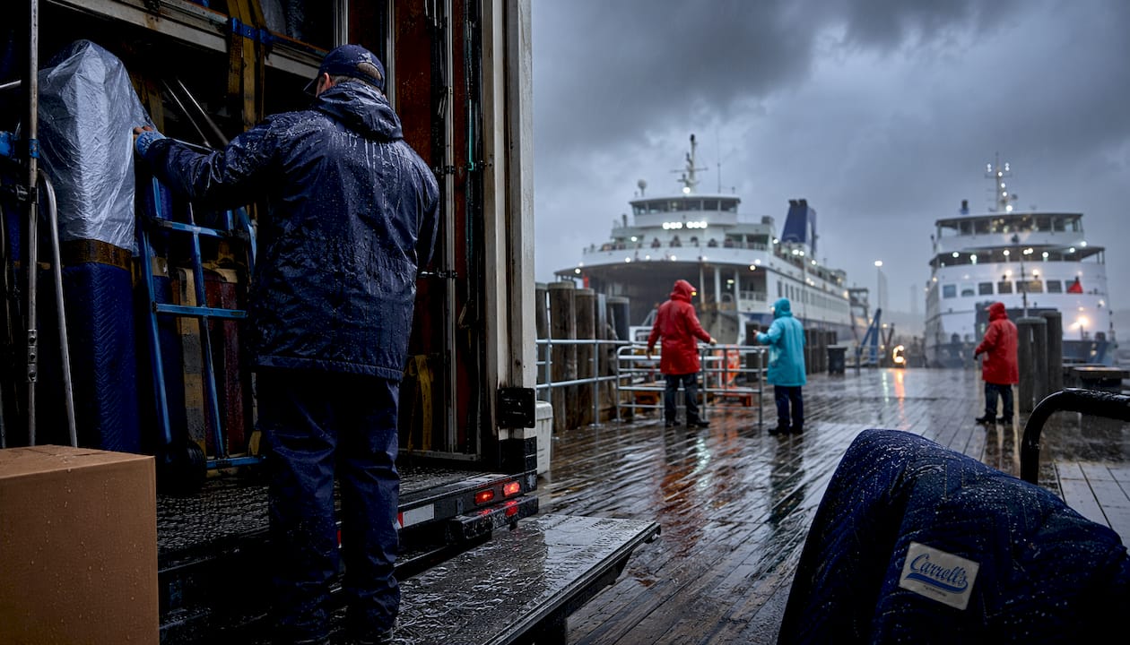 Movers working in rainy harbor during hurricane season