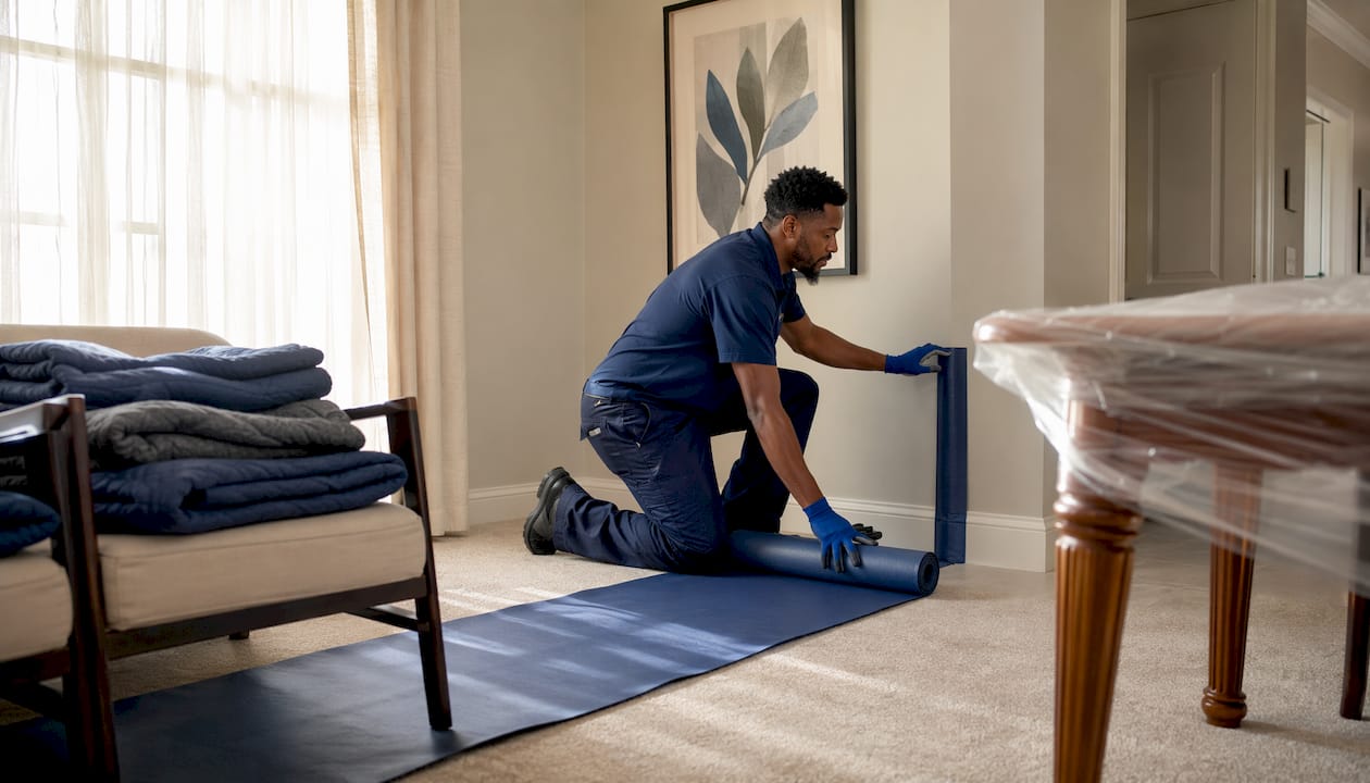 Mover applying home protection before furniture moving