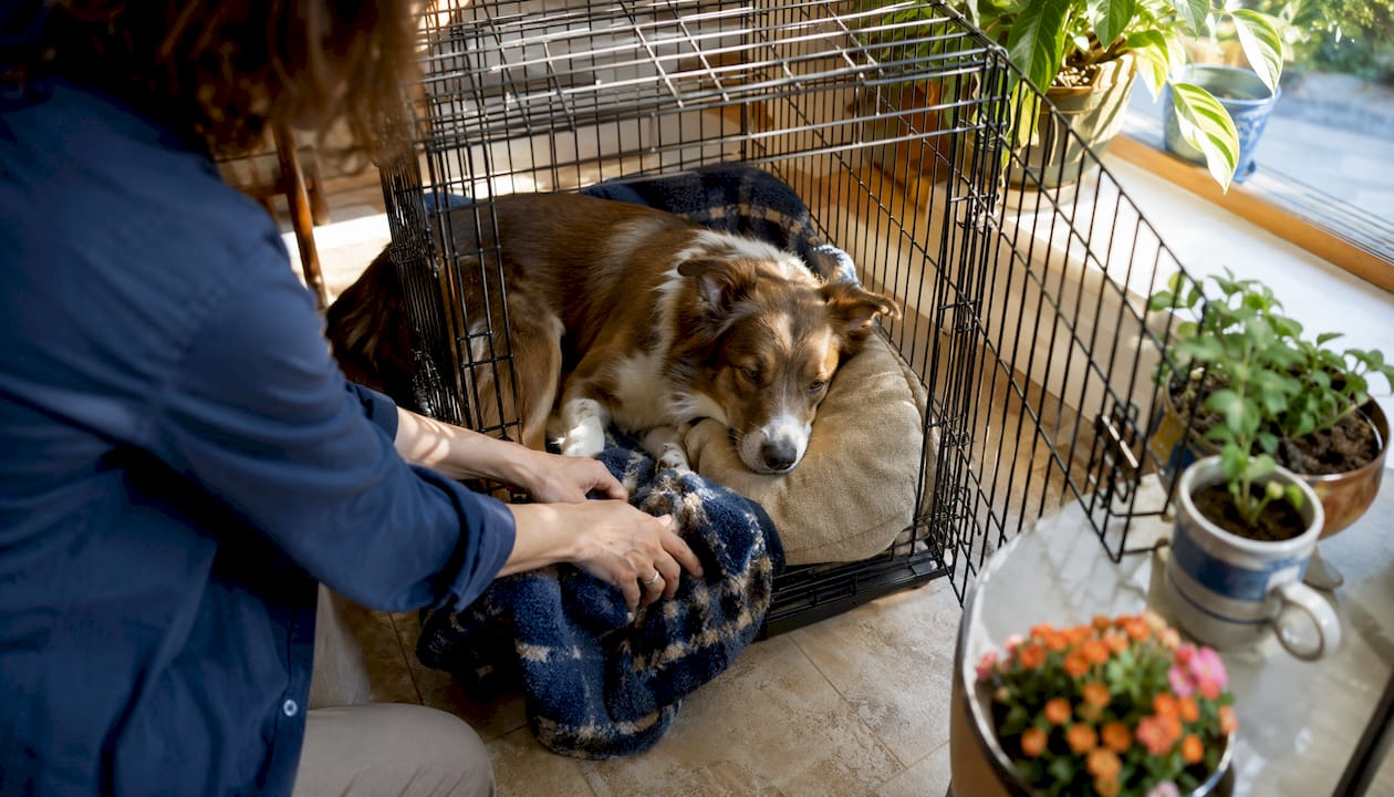 Dog resting calmly in crate with familiar bedding