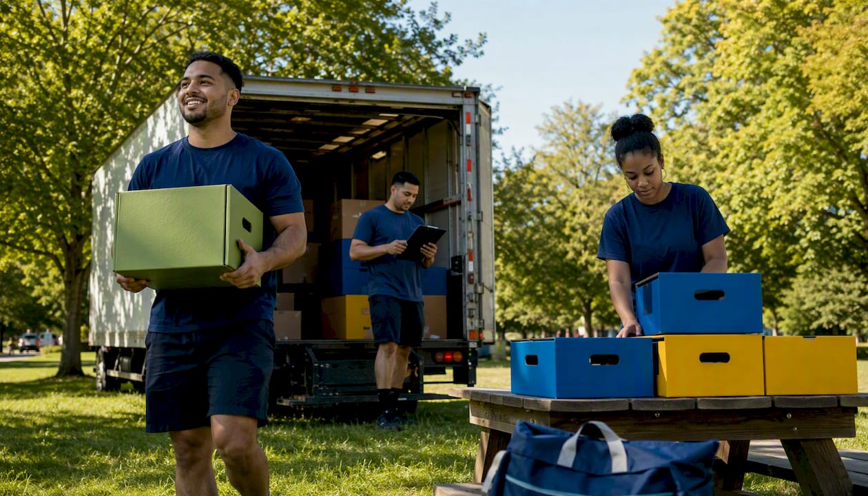 Movers unloading color coded boxes efficiently