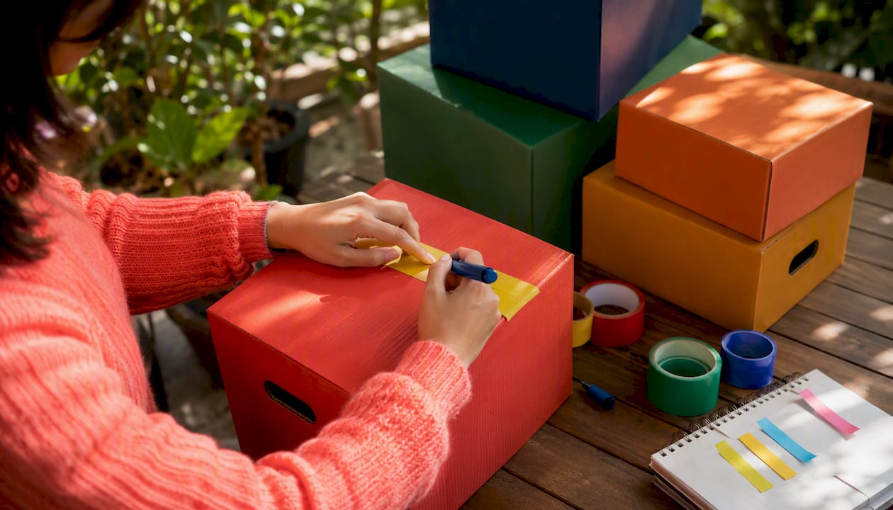 Hands labeling moving box with color coding