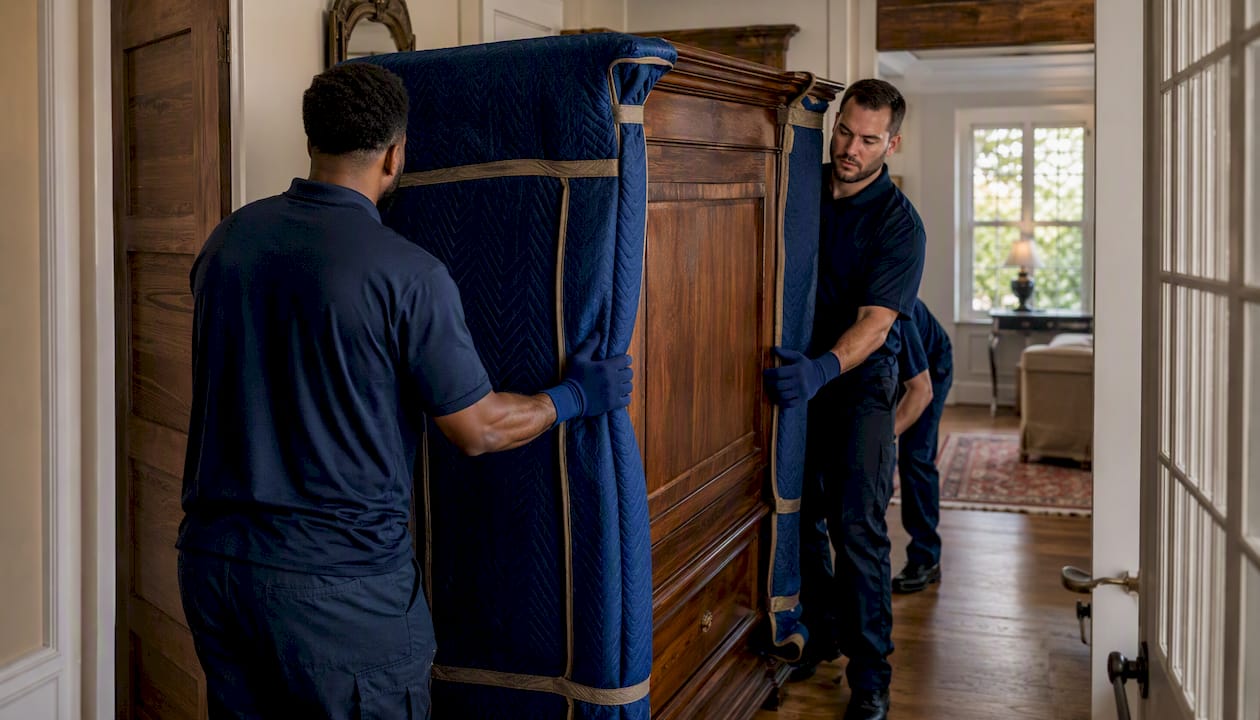 Movers wrapping antique furniture in home