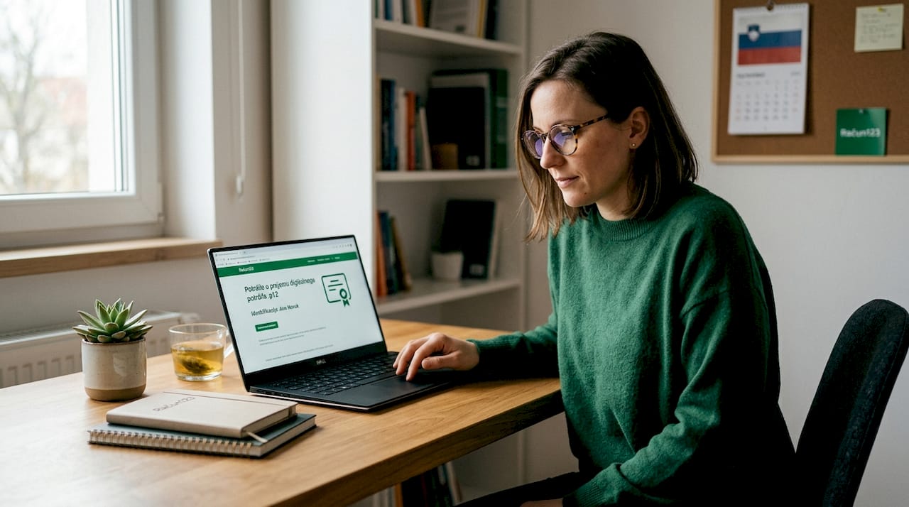 Podjetnica preverja, ali ima veljavno digitalno potrdilo za uporabo e-blagajne.