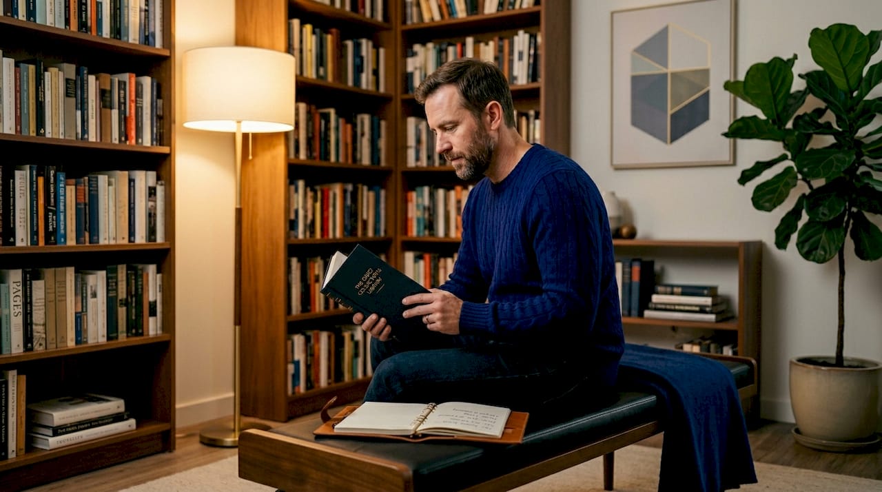 Man sorting books for reading list at home