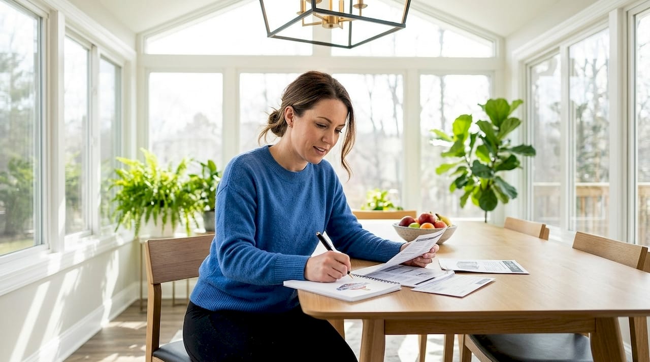 Homeowner reviews HVAC manual at kitchen table