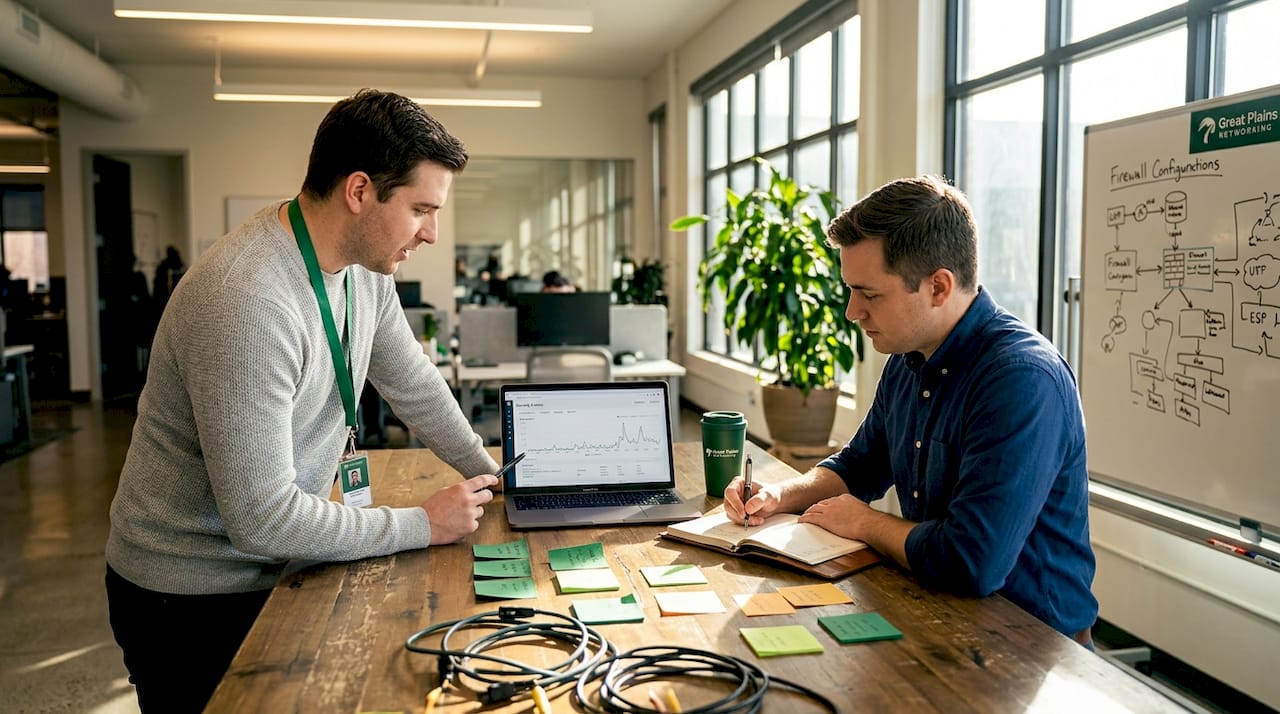 Team reviewing business network security together