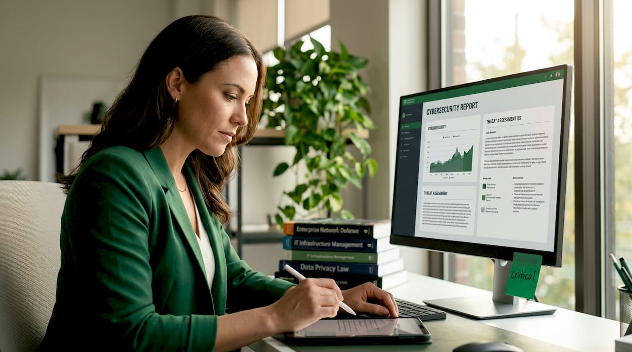 IT specialist checking cybersecurity status in local office