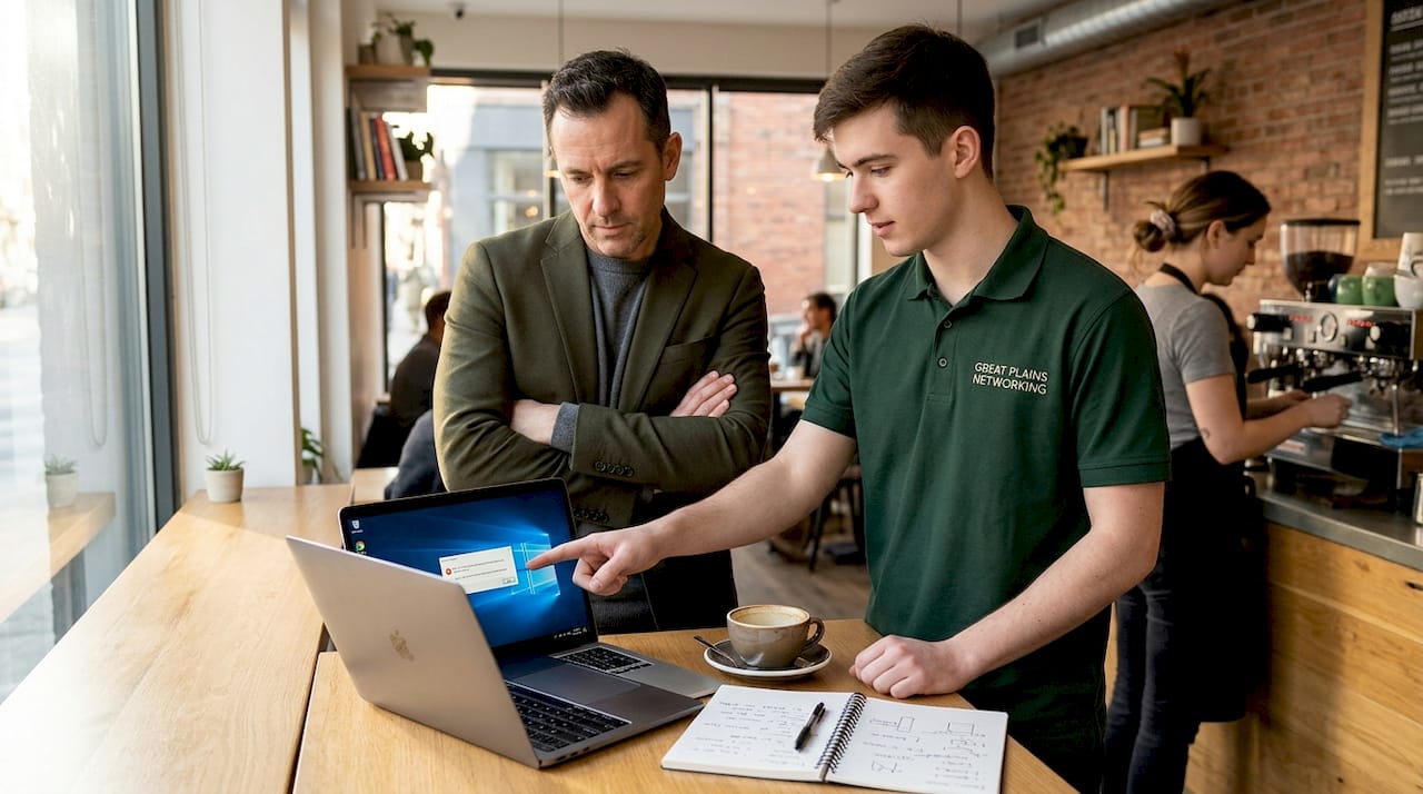 Small business owner and IT technician in street-level office