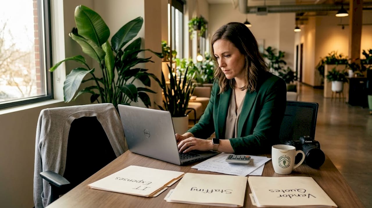 Business owner reviewing IT cost savings spreadsheet