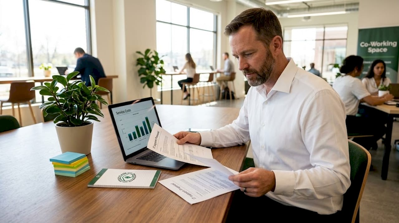 Man reviews IT pricing options at table