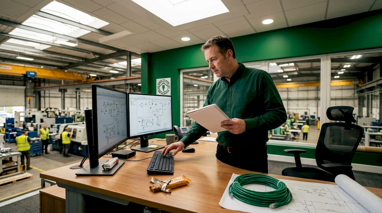 Factory IT manager reviews cybersecurity diagrams