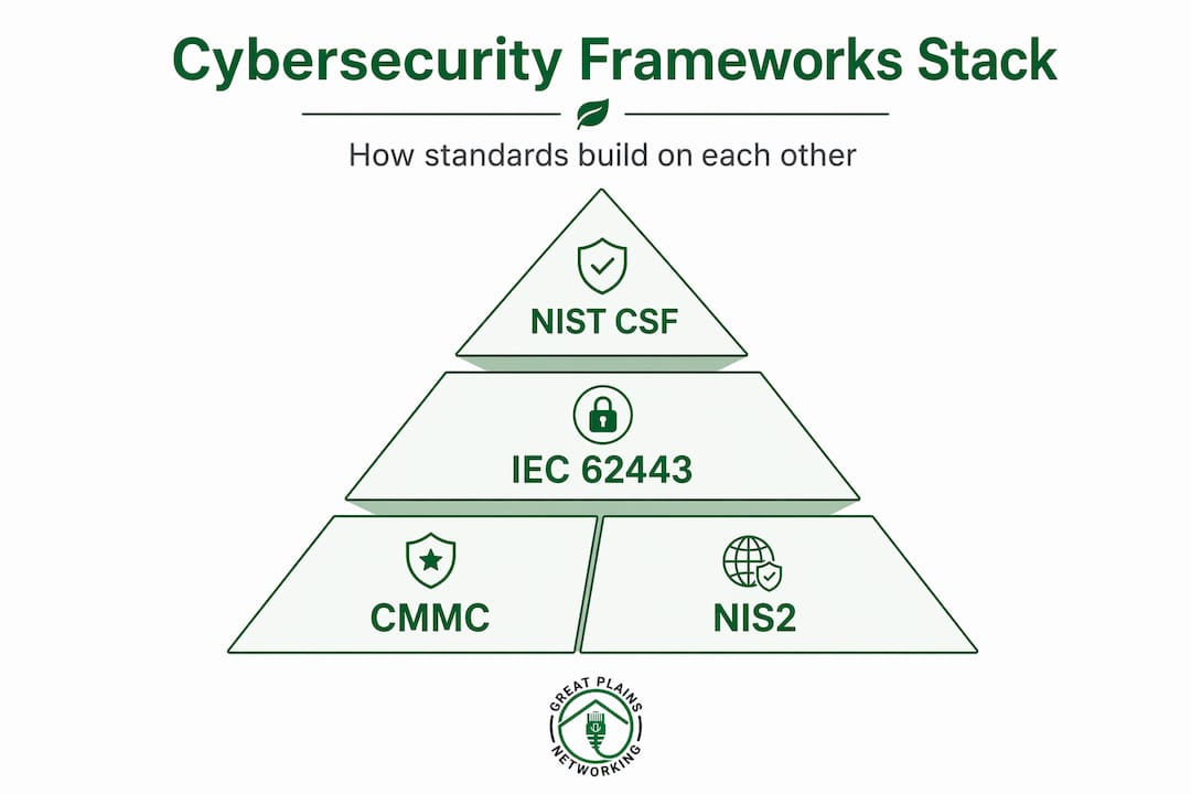 Hierarchy infographic of manufacturing cybersecurity frameworks