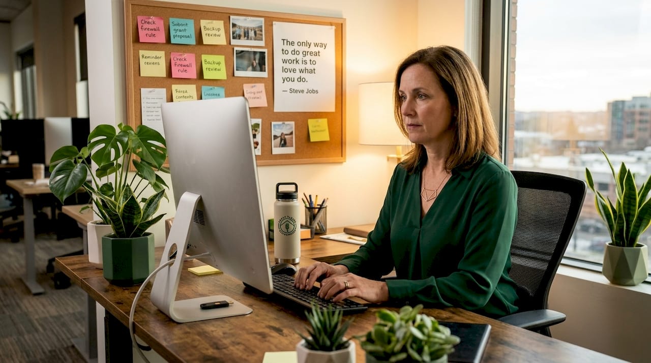Nonprofit IT manager reviewing cybersecurity setup