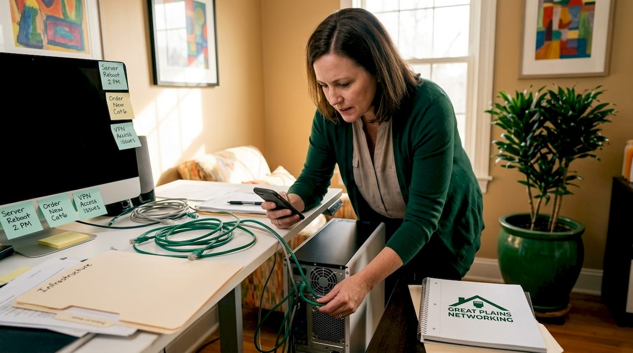 Office manager resolving IT downtime
