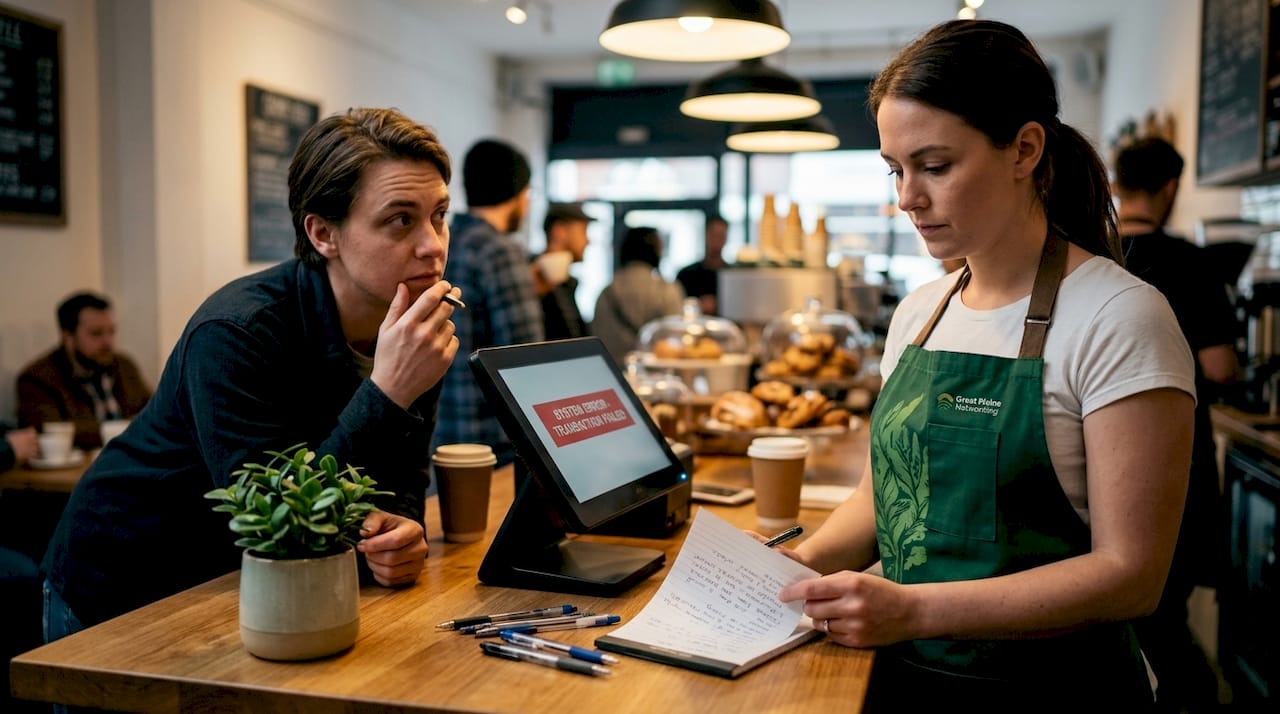 Employee and customer during IT outage in shop