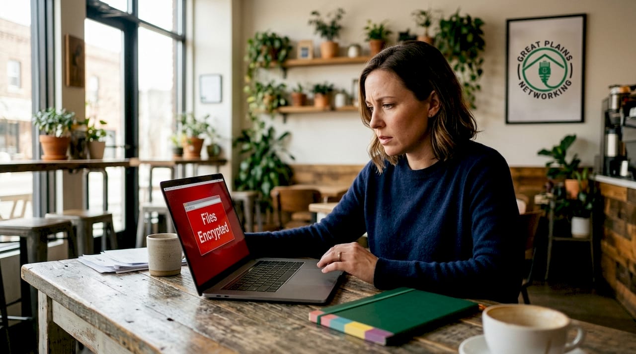 Concerned business owner sees ransomware alert on laptop