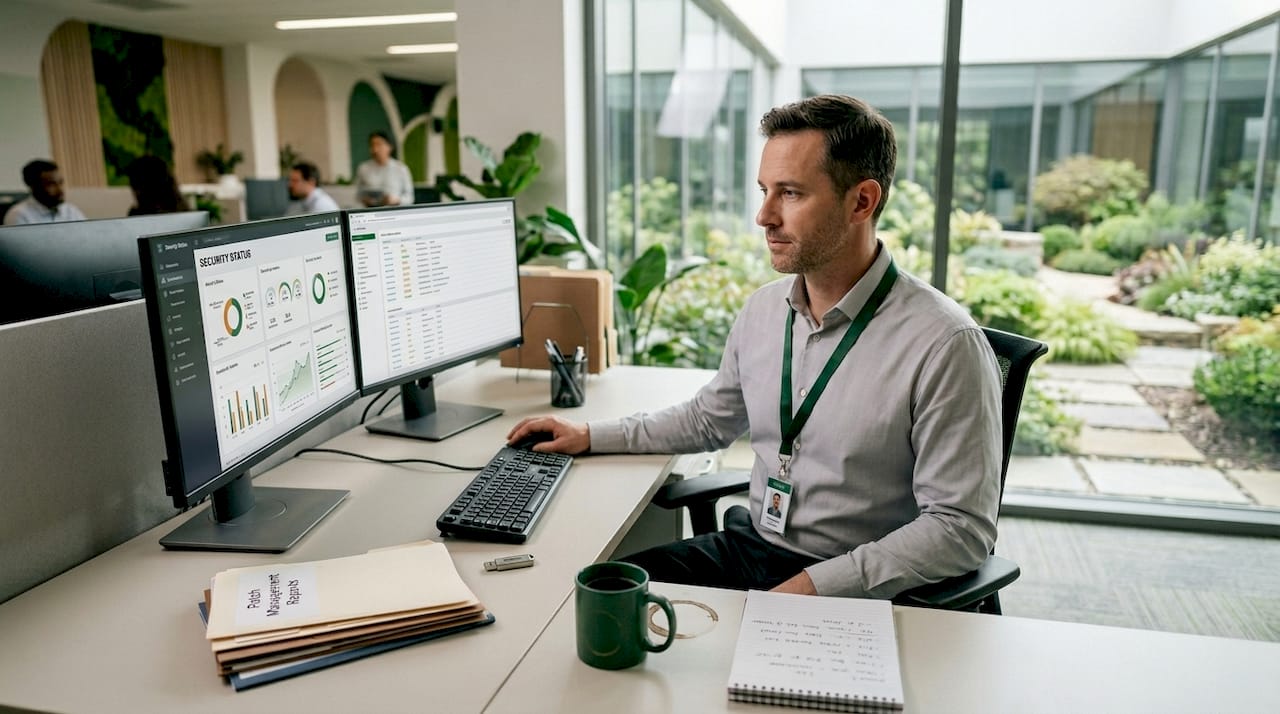 IT manager reviews security dashboard in office