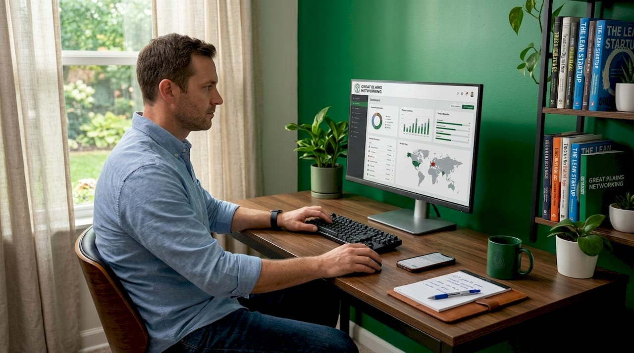 Small business owner reviewing network security data