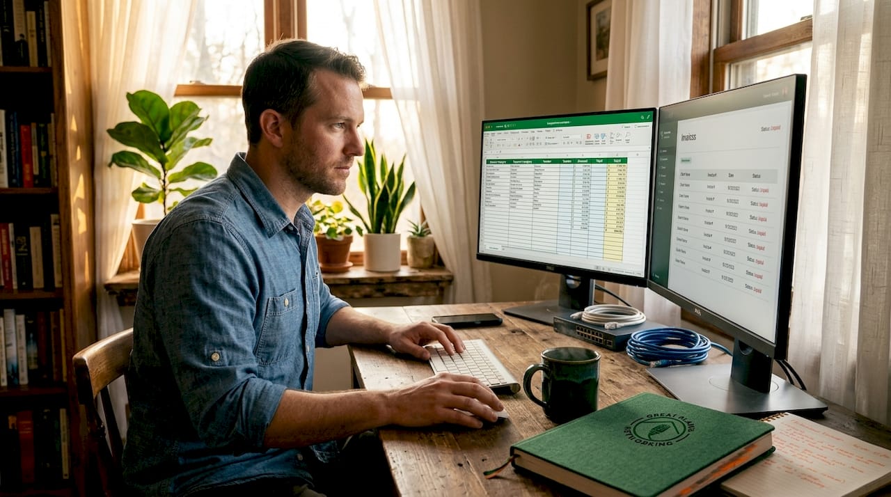 Small business owner working on IT budgeting spreadsheet