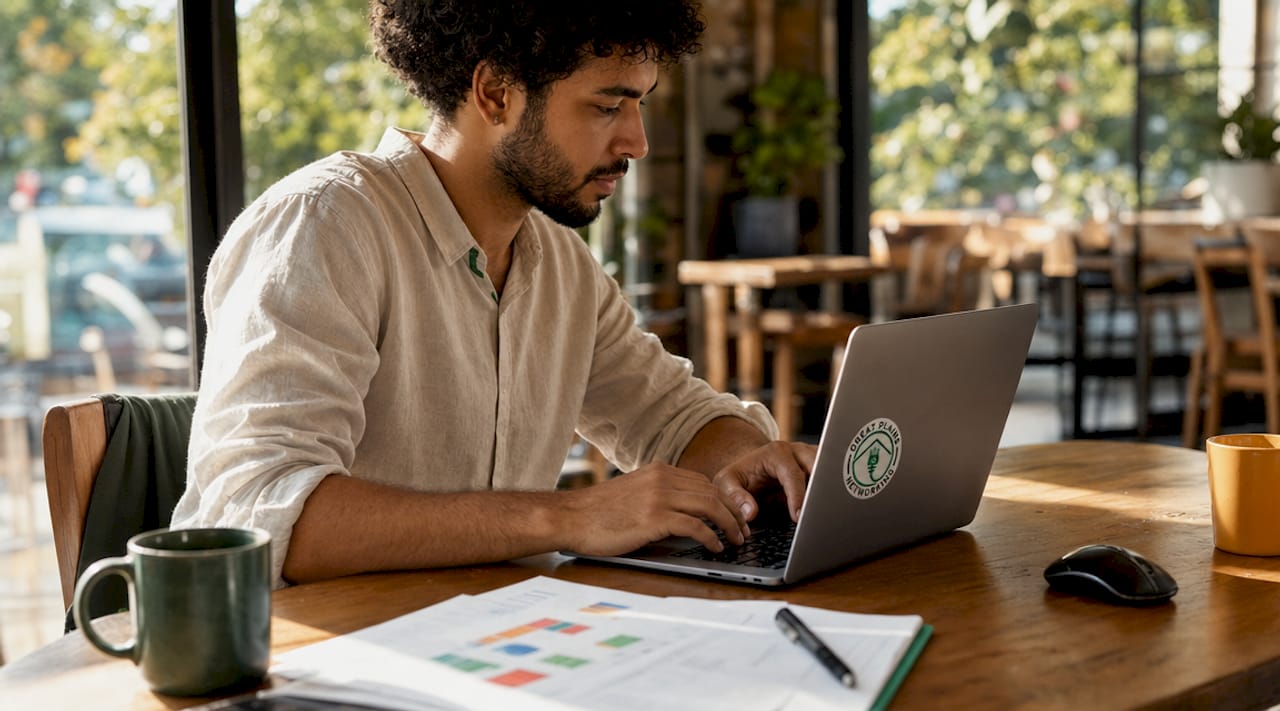 Hands typing on laptop using AI marketing tools