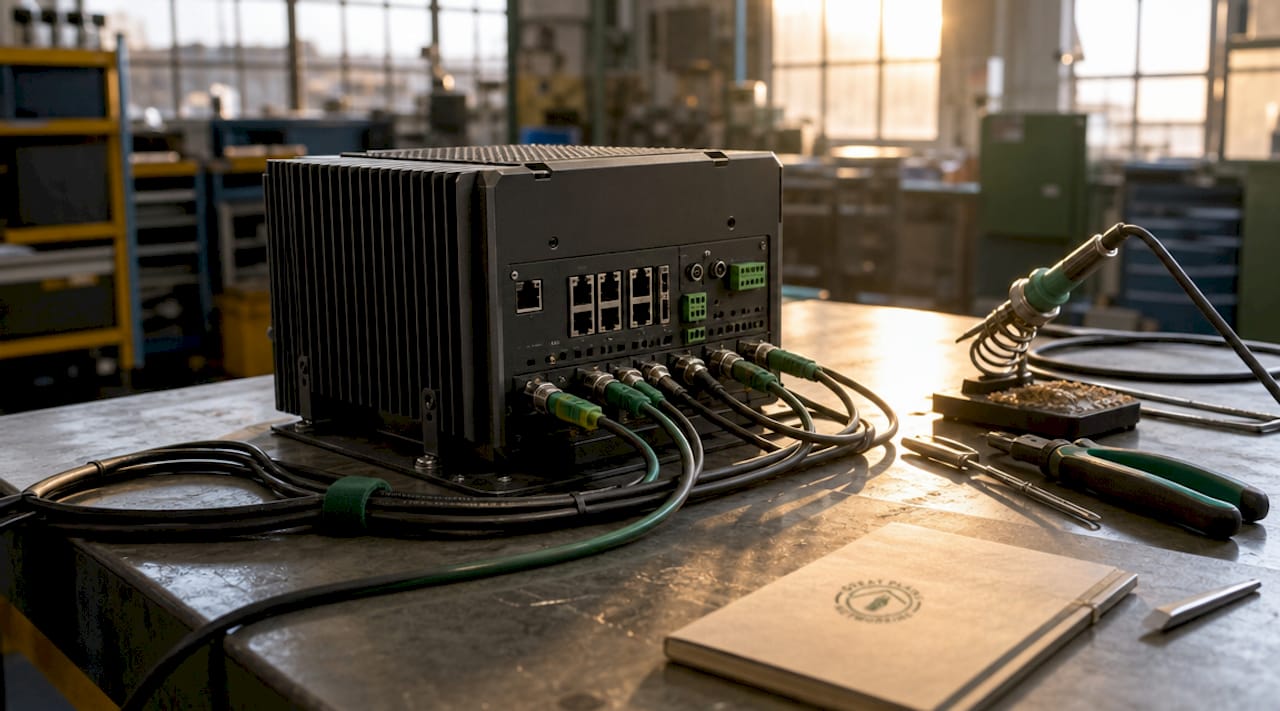 Close-up of industrial edge gateway device with cables