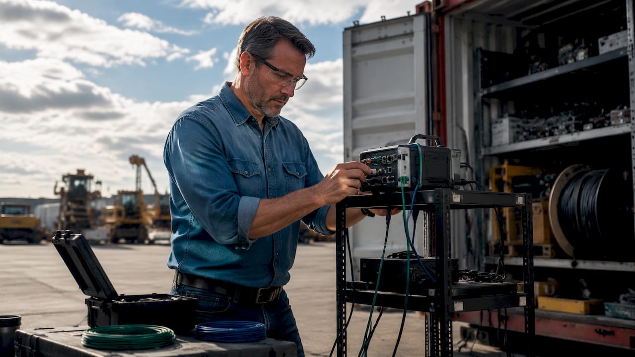 Engineer inspecting industrial edge gateway device