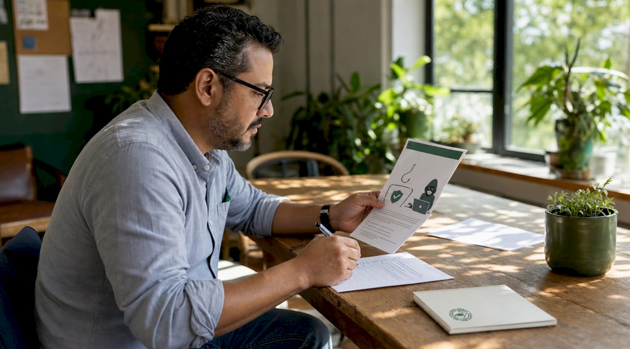 Man reviewing phishing awareness materials at desk