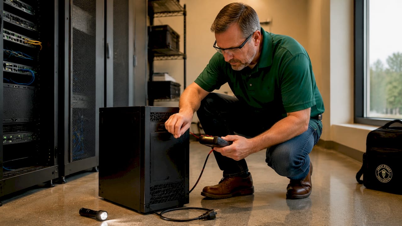 Technician testing power backup in server room