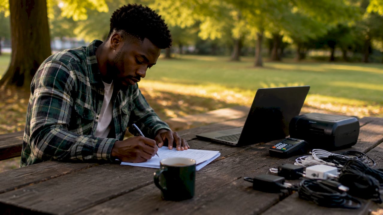 Hands taking inventory notes on tech devices