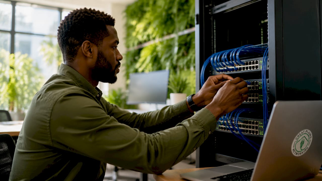 Technician configuring network segmentation hardware