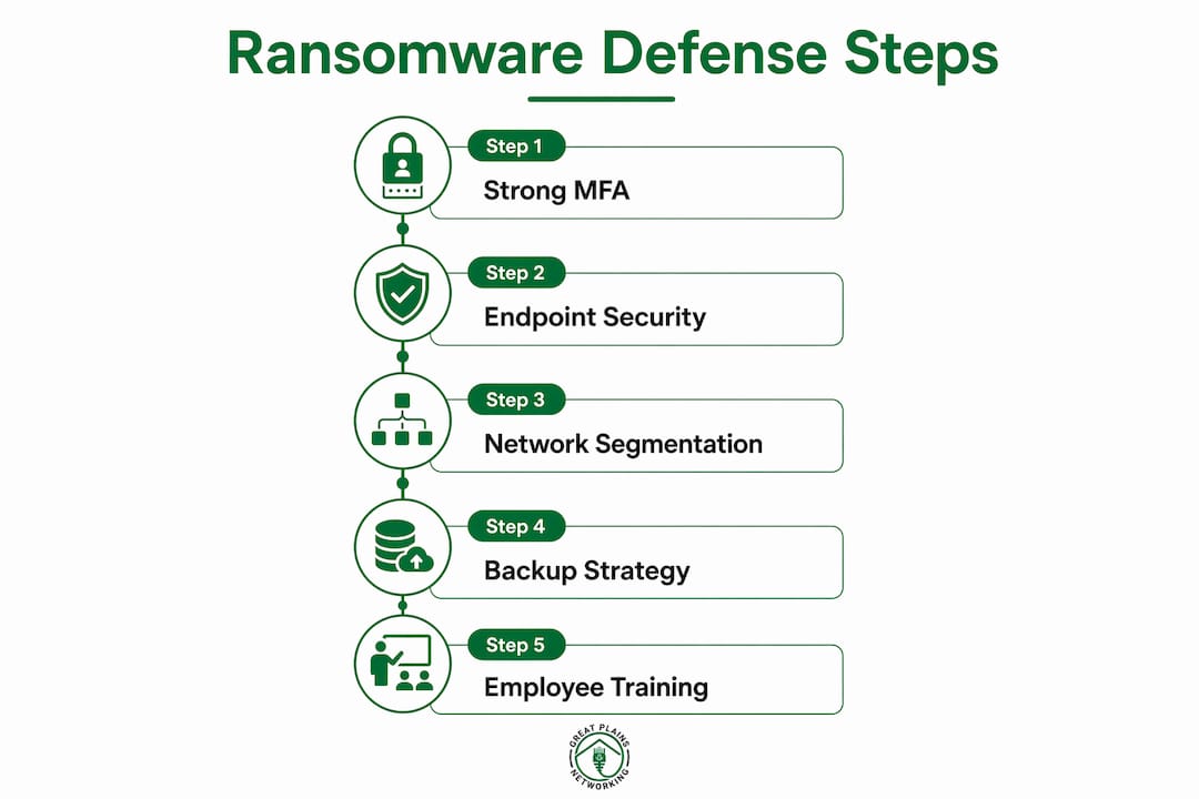 Infographic outlining steps to defend against ransomware