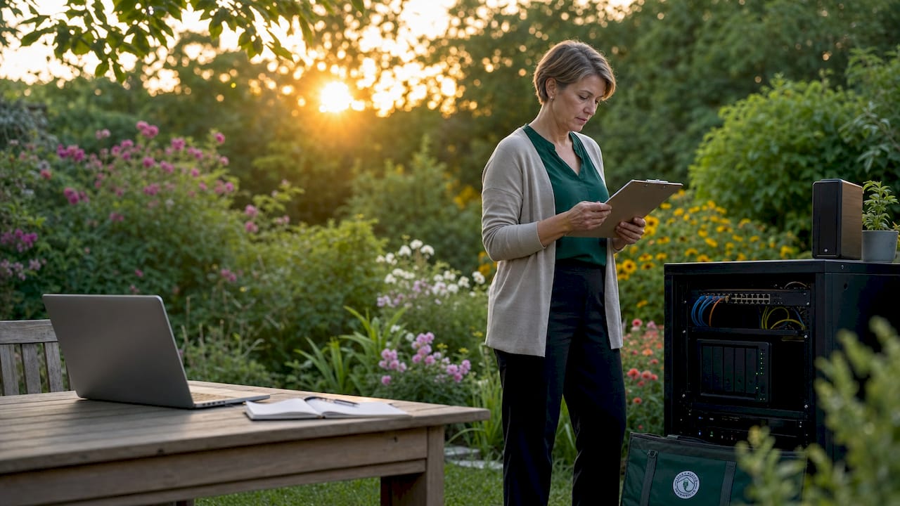 Woman reviewing local server backup logs