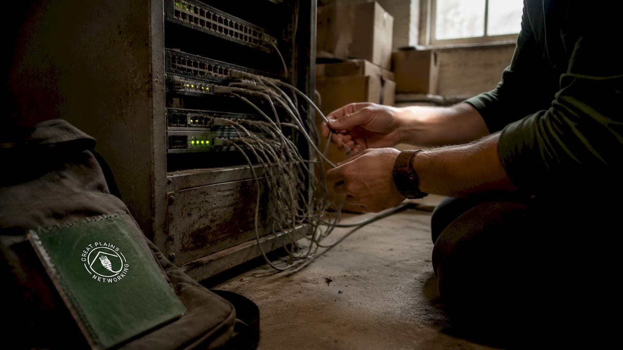 Hands inspecting aging network hardware