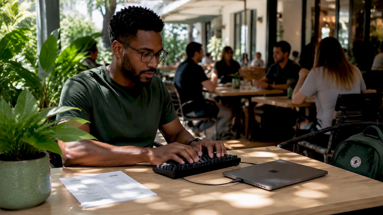 Hands typing with credential security checklist and vault