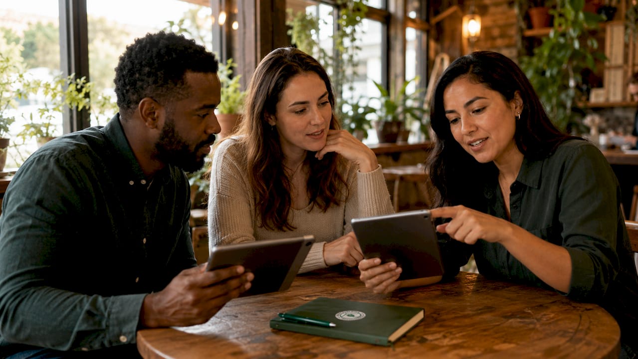 Diverse IT team collaborating around digital devices.