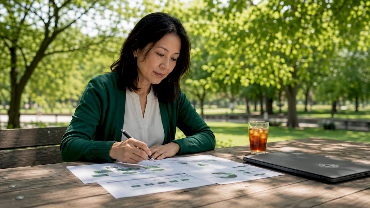 Businesswoman reviewing IT service charts at office table.