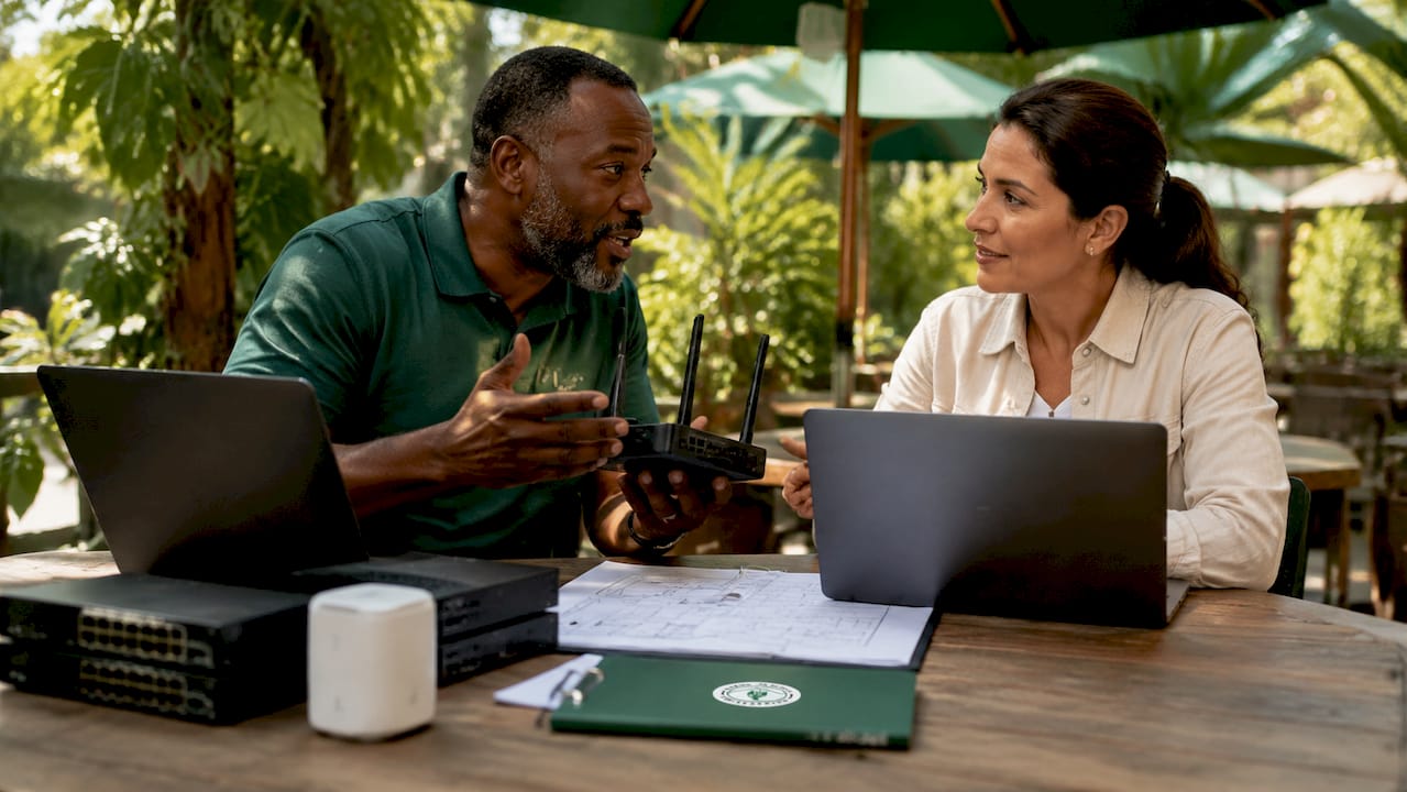 IT provider consulting small business owner in office