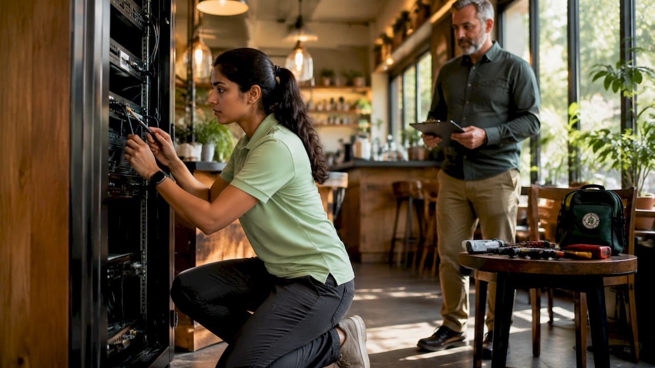 IT technician repairing server onsite in small business