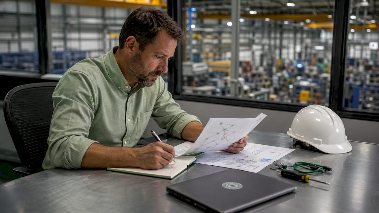 Man reviewing manufacturing network plans