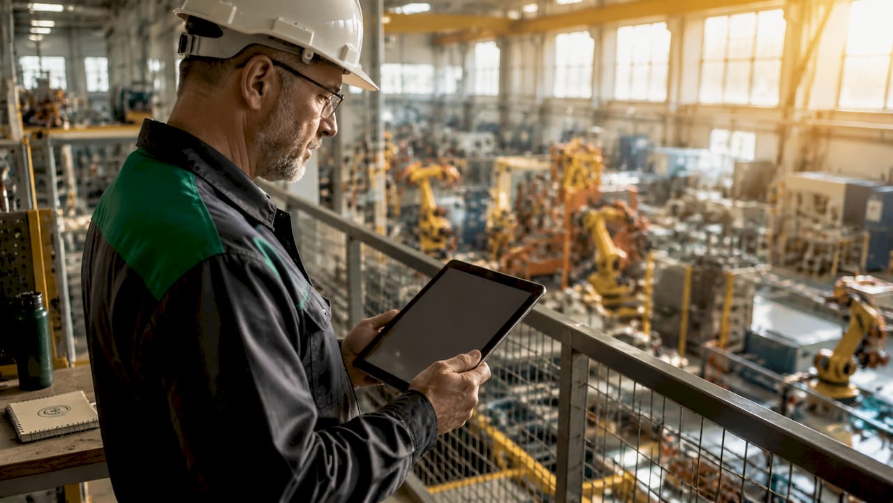 Manager reviewing network risks on manufacturing floor elevated walkway
