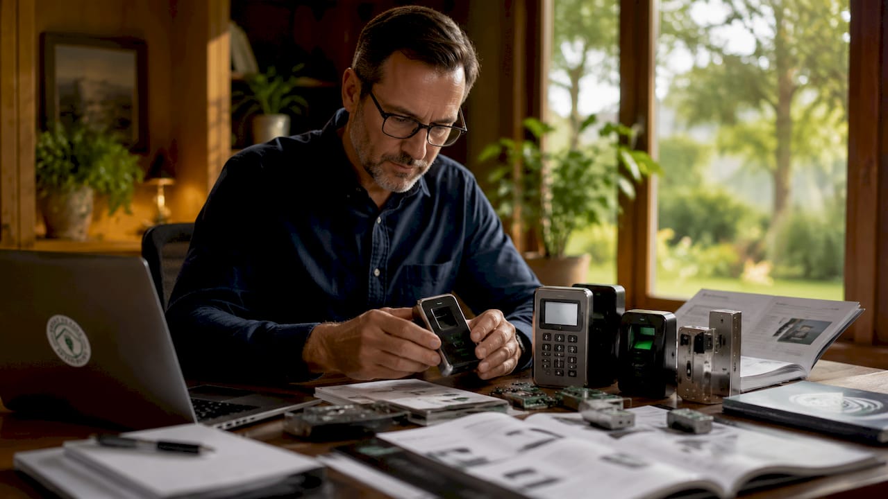 IT specialist inspecting biometric security devices