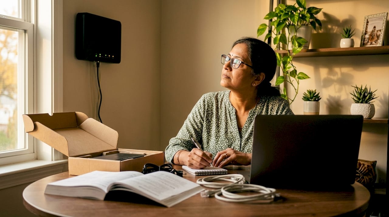 Small business owner inspecting network firewall device
