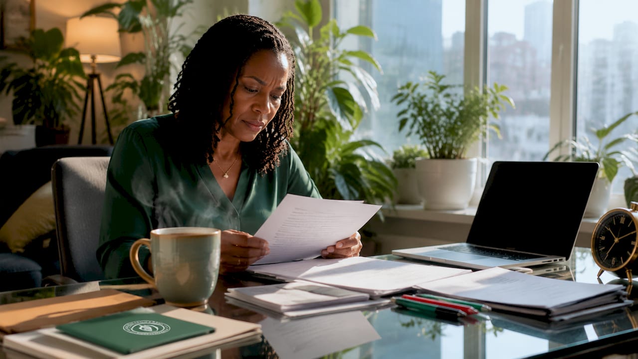 Attorney reviewing legal notes at home office desk