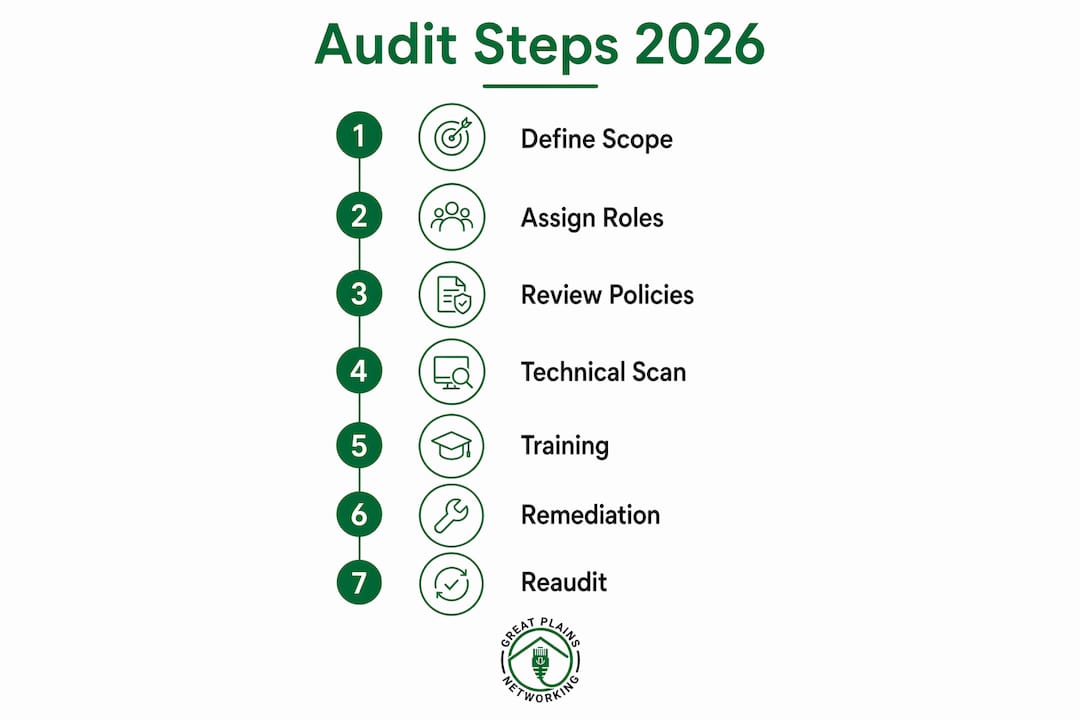 Infographic illustrating cybersecurity audit steps