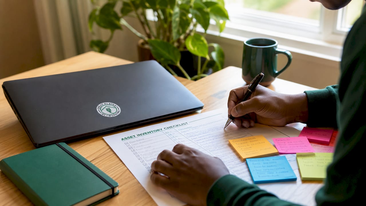 Hands typing on keyboard with asset checklist