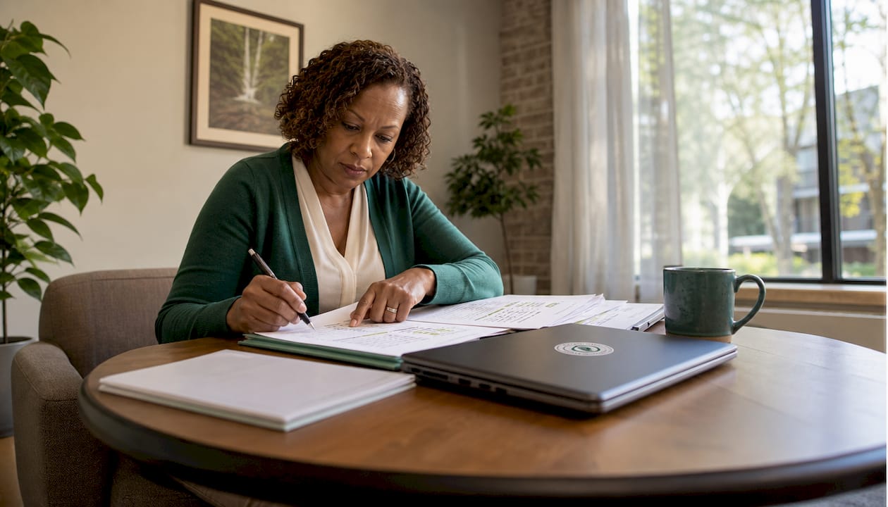 Woman reviewing nonprofit cybersecurity checklist at table