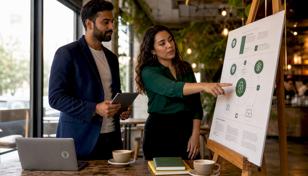 Two professionals reviewing cybersecurity controls chart
