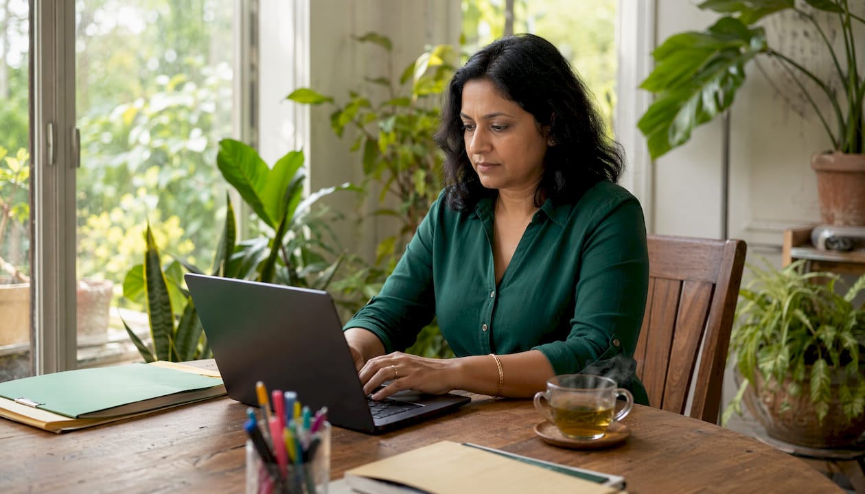 Close-up of hands on keyboard and mouse in home office