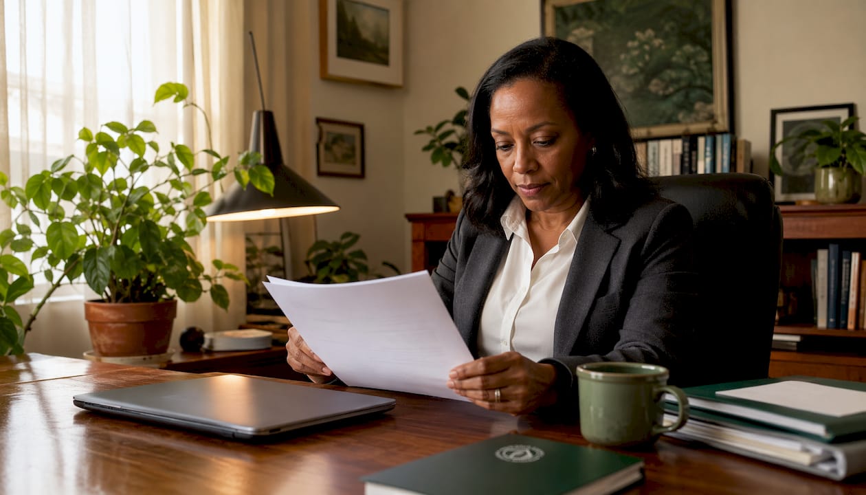 Lawyer reviewing confidential documents at office table
